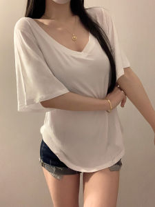 เสื้อยืดคอกว้างแขนสั้นผู้หญิงฤดูร้อน 2025 ทรงหลวมสบายๆ ลำลอง สีพื้น เสื้อผ้าทำงาน ผ้าผสมโพลีเอสเตอร์และไนลอน