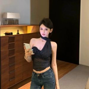 VKSOD | เสื้อกั๊กคอวีแขนกุดลายจุดสไตล์ฝรั่งเศสย้อนยุคสำหรับผู้หญิงในช่วงฤดูร้อนปี 2025 เสื้อครอปเข้ารูปเอวสูง ทรงสลิมฟิต