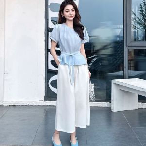 French Sweet Bubble Short Sleeve Shirt Womens Summer New Belted Trendy Button round Neck Regular Fit Korean Style Commute