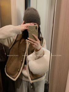 MUKOK Caribe Coast Nữ Biker Áo Khoác Ngắn Phong Cách Mỹ Fur  Áo Hai Dây Mùa Đông Đóng Nút Đơn Cổ Tròn Thời Trang Mới