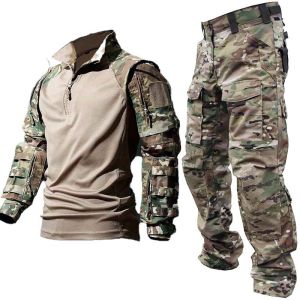 Tactical Suits Hunting Clothes Cargo Pants Men CP Training Sets Hiking Shirt Camo Wear Resistant Ripstop Outdoor Milit Uniform