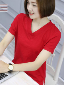 Loose Fit V-Neck Short Sleeve Pure Cotton T-Shirt Red Color for Mom Snake Year Summer Wear Casual Commute Style Classic Pattern