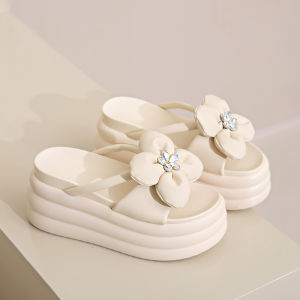Womens Thick Heel Slippers Outdoor Wear Summer New Fashion Flower High-End Cool Drag Womens Shoes Korean Style Ultra-Fiber Leather