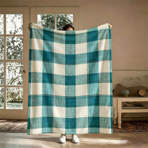 Potdemiel | Teal Beige CheckeredFlannel Blanket Warm Soft Halloween Christmas Couch Warm Cozy Decorative Decor Gift for All Season