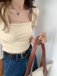 Áo Thun Cổ Vuông Tay Ngắn Ôm Eo Thiết Kế Mỹ Dành Cho Nữ Mùa Hè Màu Nâu Nhạt Áo Thun Tay Ngắn Cổ Vuông Ôm Sát Cơ Thể