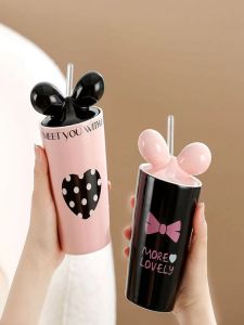 Cute Rabbit Ear Drink Cup Office Water Cup Couple Home Luxury Butterfly Knot Beverage Cup Ins Style Straw Cup with Lid