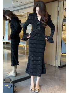 Elegant Black Lace Dress Set High Waist A-Line Skirt V-Neck Long Sleeve Commute Korean Style Autumn Fashion Goddess Elegant