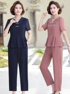 QIAOXIZI | Elderly Fashionable Weight-Loss Hiding Fat Big Size Summer Short Sleeve Set Two Pieces