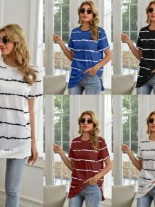 Casual round Neck Slit Short Sleeve Striped Print Top Womens Summer T-shirt Polyester Fiber Moisture Wicking Loose Fit