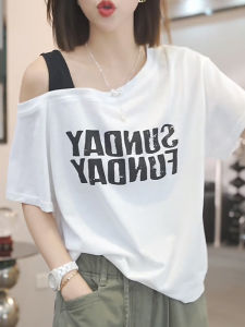 Shalldoer | Luxurious Casual Short Sleeve T-Shirt Womens Summer Thin Loose Slimming Shoulder Print Top Versatile Straight Cut Basic Fit