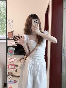 XUECAIQI | Sweet Style Summer Set V-neck Blouse Flounce Sleeve Wide-leg Pants