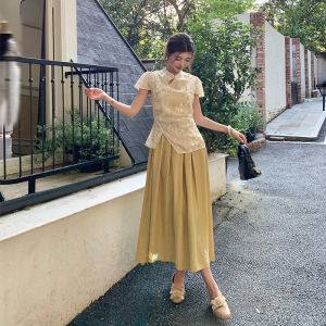 ชุดกี่เพ้าแฟชั่นพิมพ์ลายสำหรับผู้หญิงร้านค้าชุดกี่เพ้าแขนสั้นพองแบบเย็บย้อนยุคเอวสูงทรงสลิมชุดยาวจีบปลอม2ชิ้น