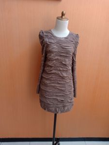 mini midi dress wanita coklat muda coksu M L cewek MEWAH lengan panjang bodycon