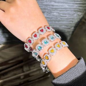 ชุบเงินสวยๆ เทคนิค ปรับได้ รูปหัวใจสีแดง สีฟ้า สีเหลือง เพทายหิน คริสตัล รูปแบบประดับ B176 สำหรับผู้หญิง