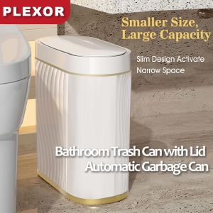 Plexor 8L Automatic Bathroom Trash Can with Lid Slim Smart Garbage Can for Narrow Spaces Small Plastic Trash Bin with 0.3s Silent Open Odor-Free Touchless Motion Sensor Trash Can for Bedroom Bathroom Office (Cream/Gold Trim)