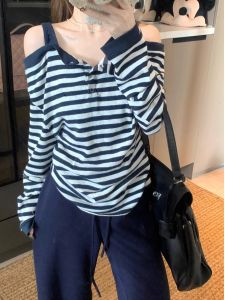 Áo Thun Tay Dài Một Bên Vai Thời Trang Mùa Thu Phong Cách Hàn Quốc Cho Nữ Áo Thun Sọc Hai Mảnh Giả Cổ Chữ V Dáng Rộng Dài Thường