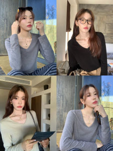 เสื้อยืดคอกลมแขนยาวผู้หญิง Pusumede ทรงหลวม ทรงสลิมฟิต ทรงหลวม เสื้อชั้นในฤดูใบไม้ร่วง ผ้าผสมโพลีเอสเตอร์ คอตตอน อะซิเตท