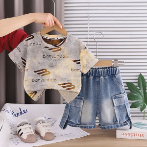 New Baby Boys Girls Summer Clothes Sets Kids Infant Letter T shirt + Denim Shorts 2pcs/sets Children Clothing Tracksuits Set