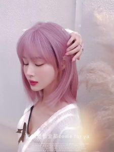 Ljnew fashion wig human hair original real true hair pink washable short hair womens hair shoulder-length bangs long hair air bangs short hair