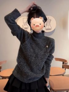 BINKAFENNY | Heavyweight Glitter High Neck Sweater Womens Autumn Winter Design Unique Beautiful Knitted Top Fashion Commute Brand Loose Fit Pure Color