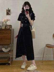 RELNLEX | Đầm Jean Đen Phong Cách Cổ Điển Mùa Hè Dành Cho Size Lớn Dây Nịt Eo Giảm Béo