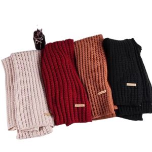 Red Knitted Scarf Womens Fashionable Korean Style Winter Warm Polyester Fiber Pure Color Birthday Gift Versatile Neck Warmer
