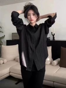 Womens Long Sleeve Shirt Casual Striped Polo Collar Button Detail Polyester Blend Loose Fit mid Length 2023 Autumn New Style