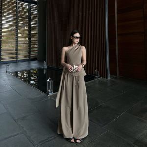 Asymmetrical Shoulder Top and Wide Leg Suit Pants Set