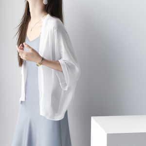 Ultra-Thin Silk Quality Versatile Anti-Sunshine Open Cardigan for Women with Nine-Point Sleeves and Pure Color Pattern