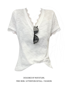 plus Size Korean Style V-Neck Lace Splice T-Shirt Women Summer New Thin Loose Slimming Beautiful Short Sleeve Top