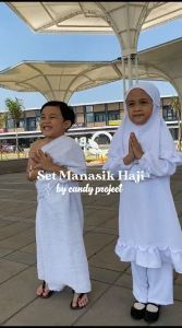 Baju Manasik Haji Anak Gamis Set Hijab Putih Polos / Kain Ihram Anak Laki-laki / Tunik Anak Warna Putih