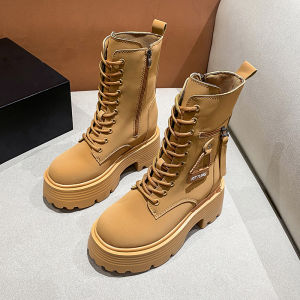 Womens Martin Boots Increased Height Casual Thick Bottom Short Boots Spring Cross Buckle Large Yellow Boot Korean Style