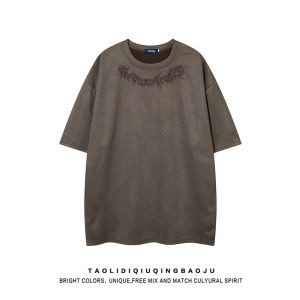 TLDX American West Coast Embroidered Suede Short Sleeve Loose Fit Mens T-Shirt Hip Hop Streetwear Casual round Neck Tee
