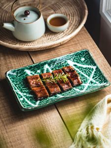 Retro Style Ceramic Rectangular Plate for Barbecue Sushi Cold Dish Japanese Style Deep Dish Flat Plate Home Use Dishware
