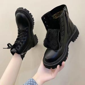 Womens Winter Thickened Fleece Lined Casual Martin Snow Boots Autumn Winter Ankle Booties Korean Style round Toe Rubber Outsole