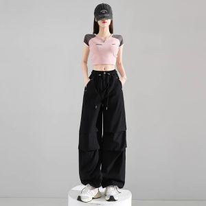 La Chapelle Quick Dry Work Trousers Womens Summer Thin Small Size Drawstring American Paratrooper Sport Pants High Waist Straight Leg