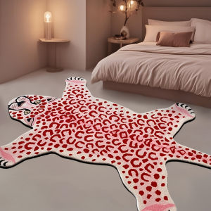 VIKAMA Irregular Leopard Shape Rug Pink Red Leopard Print Non‑Slip Soft Floor Mat for Living Room Bedroom Home Decor