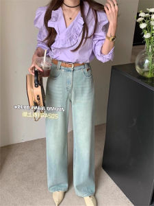 Light Blue High Waist Wide Leg Denim Jeans Womens Vintage Washed Loose Slimming Casual Straight Long Pants