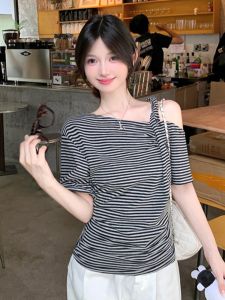 GUZILIAN | Gray Striped Asymmetrical Shoulder Short Sleeve T-Shirt Womens Summer Loose Fit Slimming Top Korean Style Casual Knitted