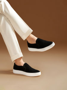 ThomWills Mens Slip-On Casual Shoes Leather Booties Black Flat Heel round Toe Breathable Comfortable Spring Autumn Season