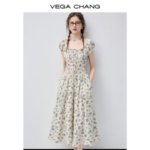 VEGA CHANG | Đầm Hè Hình Vuông Cổ Tròn Ép Eo Dáng A Chất Linen