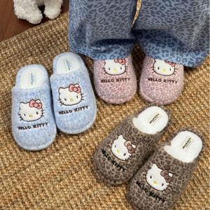 รองเท้าแตะผ้าฝ้ายลายเสือดาว รองเท้าแตะผู้หญิง ฤดูใบไม้ร่วง/ฤดูหนาว รองเท้าแตะผ้าฝ้ายขนแกะ รองเท้าแตะอุ่นสบายในบ้าน รองเท้าแตะลายสุนัขและแมว รองเท้าแตะในร่ม