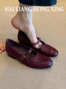 Real Leather Mary Jane Shoes Womens Low Heel Buckle Strap round Head Fashionable Flat Pumps Comfortable Slip-On Rubber Sole
