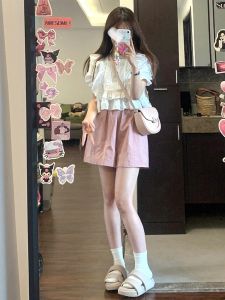 กางเกงขาสั้นผ้าฝ้ายลินินสีชมพูเอวสูงสำหรับผู้หญิง กางเกงขายาวทรงเอขาบาน ทรงหลวมสบาย ๆ สำหรับใส่ไปทำงานในฤดูร้อน