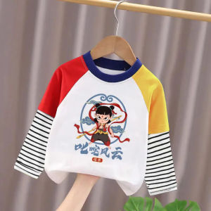 Spring Summer Thin Long Sleeve round Neck Childrens T-shirt Cartoon Animation Boy Girl Fun Clothing Straight Cut Cotton 100%