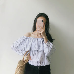 Loose Long Sleeve T-Shirt Womens Summer Cotton Linen Blend Street Style One Shoulder Exposure Gauze Edge Straight Tube Top