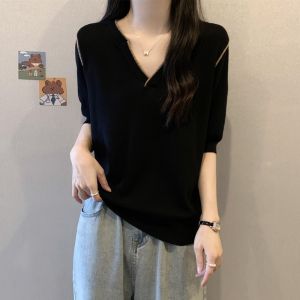 Ice Silk Knitted Short Sleeve T-Shirt Womens plus Size Summer Base Shirt Shoulder Width Regular Length V-Neck Black Top