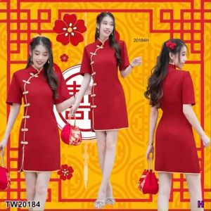 B20184 เดรสคอจีนแขนสั้น แต่งกระดุมจีน กุ้นขอบทอง Chinese collar short sleeve dress Decorated with Chinese buttons gold rim