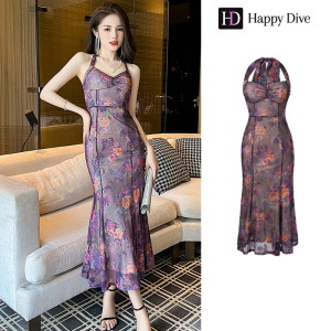 Happy Diva เดรสผู้หญิง เดรสสีม่วง เดรสคล้องคอ เดรสลายดอก เดรสหางปลา เดรสไฮโซ เดรสออกงาน เดรสเซ็กซี่ เดรสฝรั่งเศส 20535