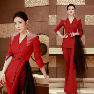 ชุดสูทสีแดงระดับไฮเอนด์สำหรับผู้หญิง ชุดเดรสยาวทรงเอคอวีแขนยาว ชุดทำงาน แฟชั่น งานปาร์ตี้ งานเลี้ยงปีใหม่ ผู้ดำเนินรายการ ชุดราตรี
